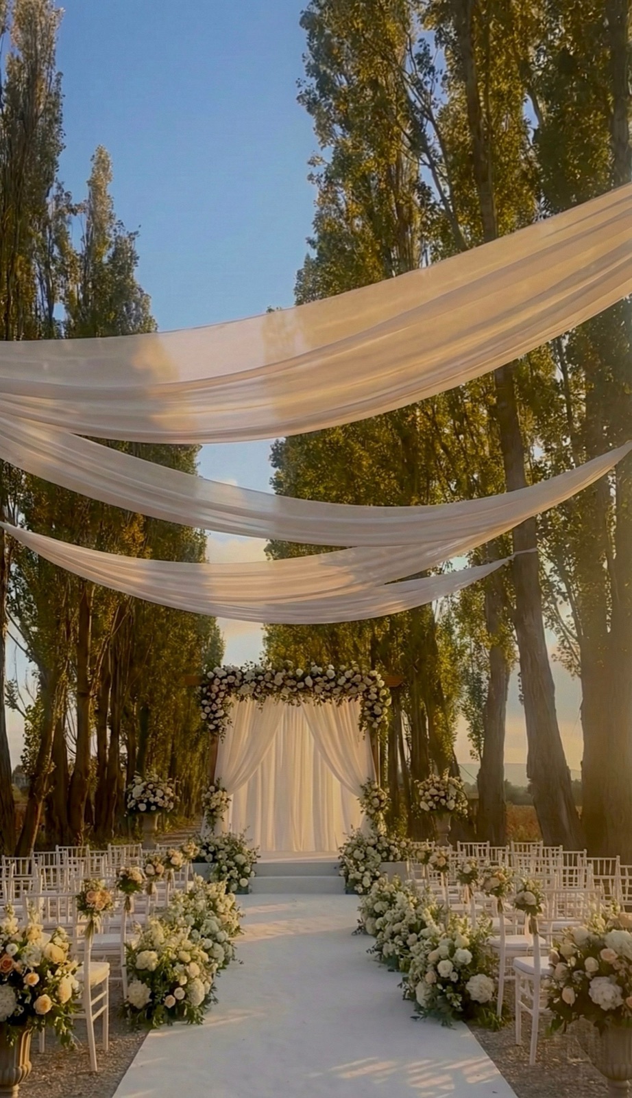 Cérémonie de mariage en extérieur : allée fleurie et chaises blanches face à l'autel