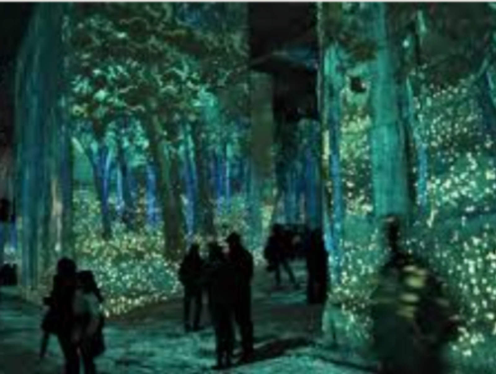 Visiteurs silhouettés devant une forêt lumineuse projetée aux Carrières des Lumières